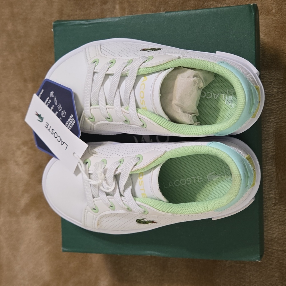 Lacoste Kids White Sneakers with Mint Green Accents